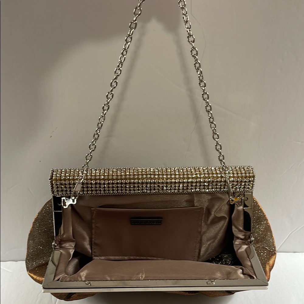 Mon Cheri Brown and Gold Pleated Clutch / Purse with Rhinestone Closure - Picture 2 of 16